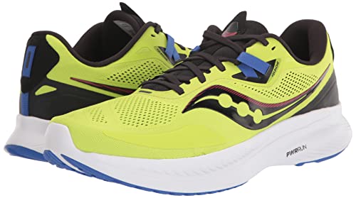 The Saucony Omni 20 Running Shoe for men features a bright yellow design with black and blue accents, black laces, and white PWRRUN cushioning soles, shown against a white background.