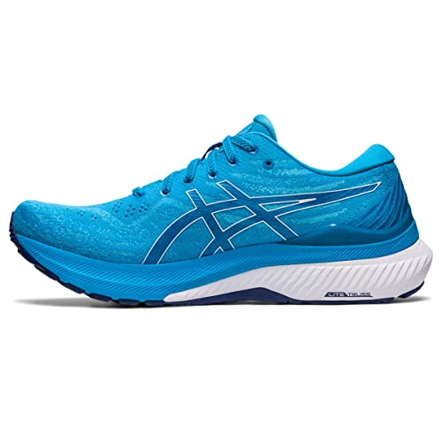 The ASICS Gel Kayano 29 - Mens running shoes in bright blue with white and navy details feature the ASICS logo, a cushioned white midsole for stability, and a textured rubber sole, shown on a plain white background.