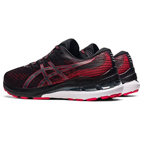 A pair of men’s ASICS Gel Kayano 28 stability running shoes in black and red with white soles, red accents, advanced GEL technology for superior comfort, and the ASICS logo on the side.