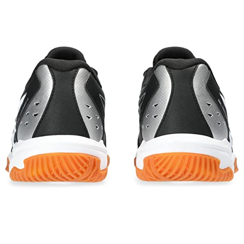 Rear view of ASICS Gel-Rocket 11 - Womens indoor court shoes featuring black, silver, and white uppers with orange textured soles for stability, displayed against a plain white background.