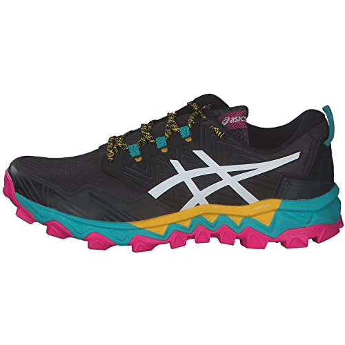 The ASICS GEL-FujiTrabuco 8 – Womens features a black design with a white logo, yellow-black laces, teal-yellow midsole, and teal-pink rugged outsole—ideal trail running shoes for adventurous women.
