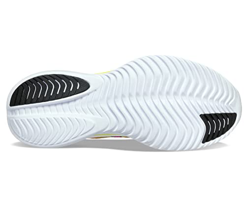The image shows the sole of the Saucony Kinvara 14 Running Shoe - Womens, featuring a white base with textured grooves and black grip zones at the heel and toe, all on responsive PWRRUN foam for traction and comfort.