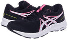 The ASICS GEL-Contend 7 - Womens features black mesh uppers, white soles, pink and white accents, and yellow branding on the side. Designed for athletic use, these running shoes offer excellent cushioning for comfort.