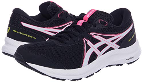 The ASICS GEL-Contend 7 - Womens features black mesh uppers, white soles, pink and white accents, and yellow branding on the side. Designed for athletic use, these running shoes offer excellent cushioning for comfort.