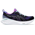 The ASICS Gel-Cumulus 25 - Womens is a black, purple, and blue running shoe with white accents, light blue laces, a white sole marked FF Blast+ and PureGEL tech, and the ASICS logo in black and white. This neutral trainer is ideal for everyday runs.