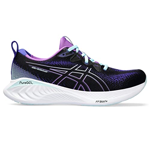 The ASICS Gel-Cumulus 25 - Womens is a black, purple, and blue running shoe with white accents, light blue laces, a white sole marked FF Blast+ and PureGEL tech, and the ASICS logo in black and white. This neutral trainer is ideal for everyday runs.