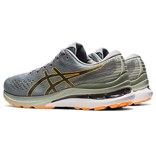 The ASICS Gel Kayano 28 - Mens is a gray stability running shoe with orange accents, mesh uppers, and cushioned GEL soles. An ASICS logo appears on the side and an orange-treaded outsole is shown from the side and rear.
