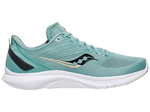 The Saucony Freedom 4 Running Shoe - Mens features a teal mesh upper, white sole, black and beige wave-like side design, black heel accents, lace-up closure, and responsive PWRRUN PB cushioning for comfort.