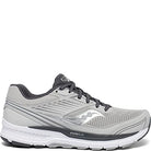 The Saucony Echelon 8 Running Shoe for women is gray with a white sole, black accents, black laces, mesh upper for breathability, PWRRUN cushioning, a cushioned heel, and a dark gray Saucony logo.
