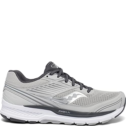 The Saucony Echelon 8 Running Shoe for women is gray with a white sole, black accents, black laces, mesh upper for breathability, PWRRUN cushioning, a cushioned heel, and a dark gray Saucony logo.