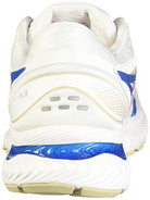 Rear view of the ASICS GEL-NIMBUS 22 - Mens running shoe in white with blue and tan accents, showcasing heel GEL technology, a textured sole, ventilation holes, and a wave-inspired design.