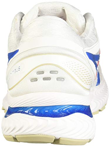Rear view of the ASICS GEL-NIMBUS 22 - Mens running shoe in white with blue and tan accents, showcasing heel GEL technology, a textured sole, ventilation holes, and a wave-inspired design.