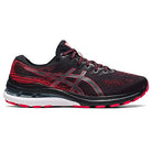 The ASICS Gel Kayano 28 - Mens is a black and red stability running shoe with a white and black sole, advanced GEL heel technology, and the ASICS logo—designed for superior support and comfort.