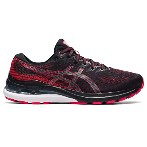 The ASICS Gel Kayano 28 - Mens is a black and red stability running shoe with a white and black sole, advanced GEL heel technology, and the ASICS logo—designed for superior support and comfort.
