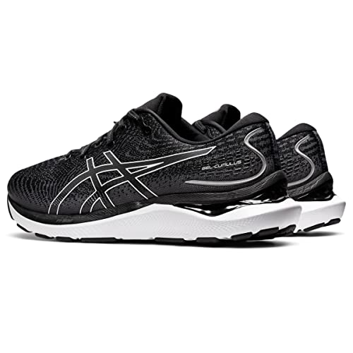 A pair of black ASICS Gel Cumulus 24 - Mens running shoes with white soles and silver accents, featuring FF BLAST cushioning, are shown side by side on a white background—ideal for everyday training.
