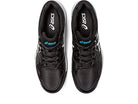 Top view of a pair of ASICS Gel Dedicate 7 - Mens tennis shoes in black with white soles and blue accents, displayed side by side on a white background, highlighting their signature stability and style.