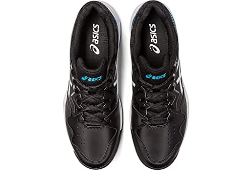Top view of a pair of ASICS Gel Dedicate 7 - Mens tennis shoes in black with white soles and blue accents, displayed side by side on a white background, highlighting their signature stability and style.