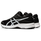 A pair of ASICS Gel-Contend 6 Mens cushioned running shoes in black with white midsoles and signature side stripes, displayed on a white background.