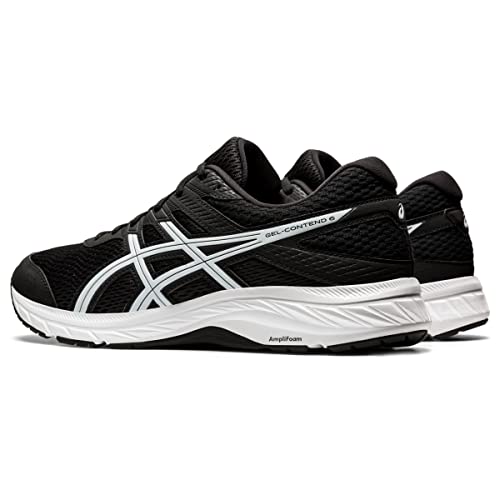 A pair of ASICS Gel-Contend 6 Mens cushioned running shoes in black with white midsoles and signature side stripes, displayed on a white background.