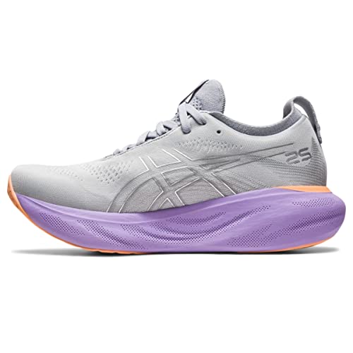 The ASICS Gel Nimbus 25 - Womens features a light gray, breathable upper, white logo, thick lavender midsole for lightweight cushioning, orange rubber outsole, and lace-up design for comfort and performance.