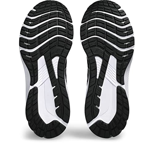 The image shows the soles of the ASICS GT-1000 12 - Mens shoe, featuring a black and white tread with grooves and textured sections for grip and flexibility—ideal for runners who overpronate.