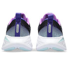 Rear view of ASICS Gel-Cumulus 25 - Womens in black, white, purple, and light blue with gradient mesh uppers, purple pull tabs, and thick white soles—perfect as a neutral everyday running shoe.