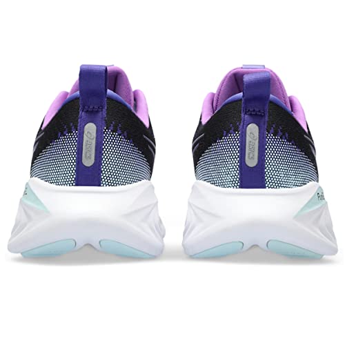 Rear view of ASICS Gel-Cumulus 25 - Womens in black, white, purple, and light blue with gradient mesh uppers, purple pull tabs, and thick white soles—perfect as a neutral everyday running shoe.