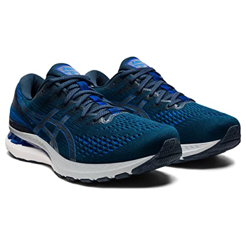 A pair of ASICS Gel Kayano 28 - Mens blue stability running shoes with white soles and black accents, featuring GEL technology, shown side by side at an angle on a white background.