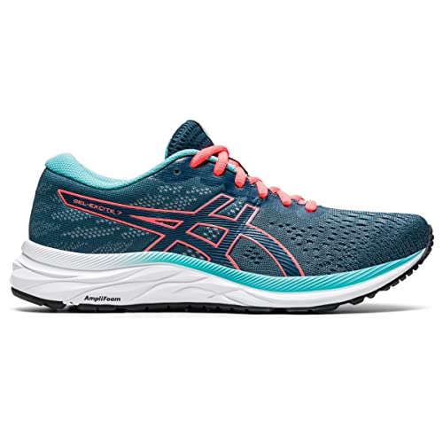 The ASICS GEL-EXCITE 7 - Womens is a lightweight running shoe with a blue mesh upper, coral and light blue accents, cushioned white midsole, black outsole, lace-up closure, and the signature ASICS logo on the side.