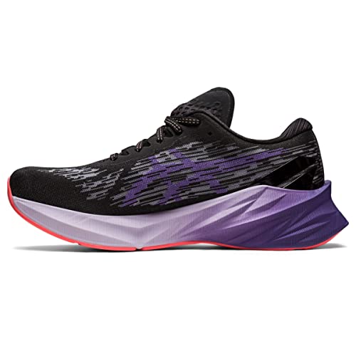The ASICS Novablast 3 - Womens features a black jacquard mesh upper, gradient purple and white midsole, pink outsole, geometric patterns, FF BLAST PLUS cushioning, lace-up closure, and a modern streamlined design.