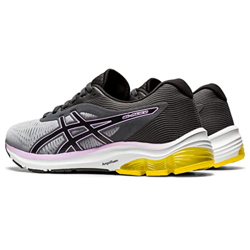 A pair of ASICS GEL-PULSE 12 - Womens running shoes featuring gray and black mesh uppers, black laces, white AmpliFoam midsoles, yellow outsoles, the ASICS logo on the side, and subtle purple accents along the sole.