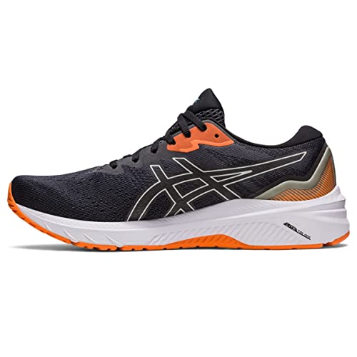 The ASICS GT-1000 11 - Mens is a black and orange running shoe with a white sole, FLYTEFOAM cushioning, mesh upper, and a bold white and orange ASICS logo on the side.