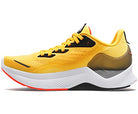 The Saucony Endorphin Shift 2 Running Shoe - Womens features a yellow upper with black and orange accents, a white midsole, translucent heel support, and SPEEDROLL Technology, shown from the side on a plain white background.