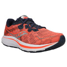 The Saucony Omni 20 Running Shoe for women features an orange and black design with navy laces, a white and black sole, breathable mesh fabric, and the Saucony logo on the side—providing excellent support for your runs.