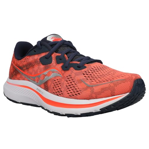 The Saucony Omni 20 Running Shoe for women features an orange and black design with navy laces, a white and black sole, breathable mesh fabric, and the Saucony logo on the side—providing excellent support for your runs.