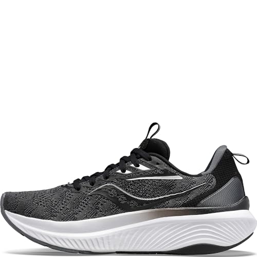 The Saucony Omni 21 Running Shoe for men features a black and gray mesh upper, black laces, a subtle wave design on the side, and a white textured thick sole—ideal for athletic performance.