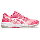 The ASICS Gel-Game 8 - Kids is a pink athletic sneaker with white accents, a beige sole, mesh tongue, TRUSSTIC technology for stability, and a bold white side logo.