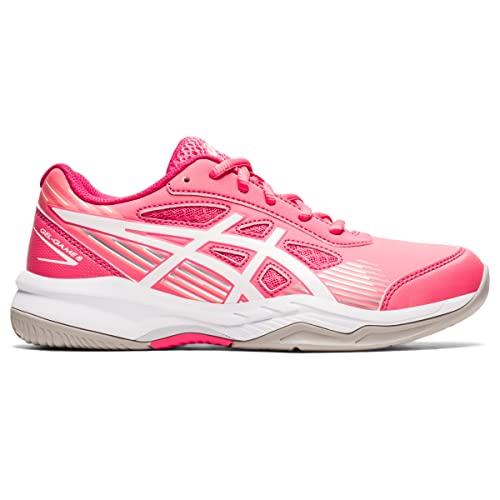 The ASICS Gel-Game 8 - Kids is a pink athletic sneaker with white accents, a beige sole, mesh tongue, TRUSSTIC technology for stability, and a bold white side logo.