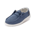 The Hey Dude Wendy Youth - Girls slip-ons are casual blue shoes for women, featuring a white sole, minimal laces, patterned interior lining, and a lightweight, relaxed design for all-day comfort.