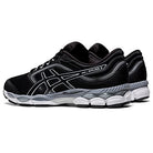A pair of ASICS Gel-Ziruss 3 mens running shoes in black and white with silver details, mesh upper, and cushioned sole are placed side by side on a white background.