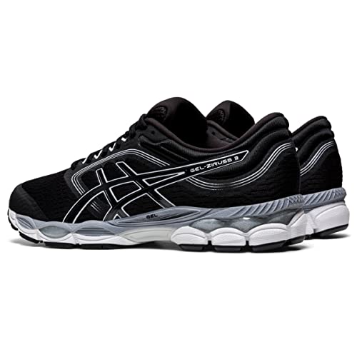 A pair of ASICS Gel-Ziruss 3 mens running shoes in black and white with silver details, mesh upper, and cushioned sole are placed side by side on a white background.