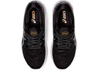 Top view of a pair of black ASICS Gel Nimbus 23 - Womens running shoes with white soles and gray laces, featuring the ASICS logo, known for excellent shock absorption.