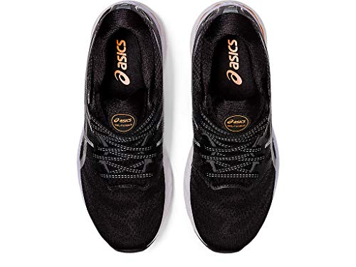Top view of a pair of black ASICS Gel Nimbus 23 - Womens running shoes with white soles and gray laces, featuring the ASICS logo, known for excellent shock absorption.