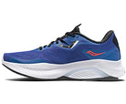 The Saucony Omni 20 Running Shoe for men is a blue stability shoe with black laces, a white PWRRUN cushioning sole, and a small orange logo on the side, displayed in side profile.