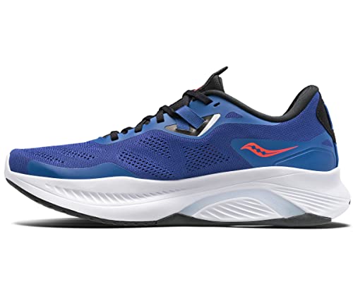 The Saucony Omni 20 Running Shoe for men is a blue stability shoe with black laces, a white PWRRUN cushioning sole, and a small orange logo on the side, displayed in side profile.