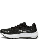 The Saucony Omni 20 Running Shoe - Womens is a black and white athletic shoe with white accents, a thick white sole for stability, and a wavy side logo, displayed from the side.