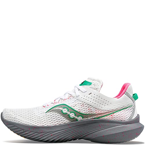 The Saucony Kinvara 14 Running Shoe - Womens features a white mesh upper, green and pink accents, green logo, gray sculpted PWRRUN foam sole, pink inner lining, and a green pull tab for vibrant style.
