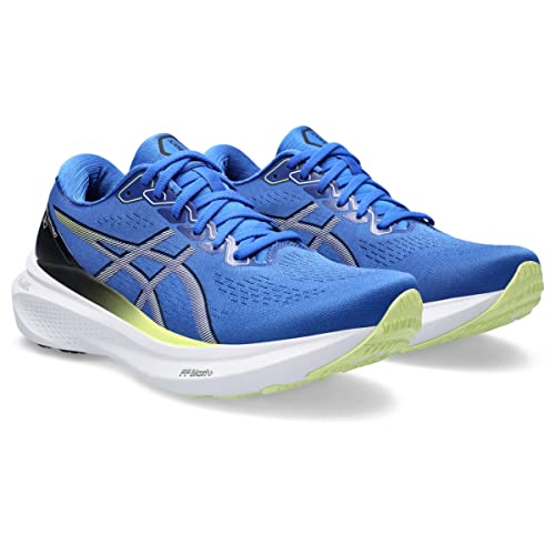 The ASICS Gel-Kayano 30 - Mens running shoes feature a blue mesh upper, white soles, light green outsoles, black and silver accents, and blue laces—perfect stability trainers for long-distance runs.