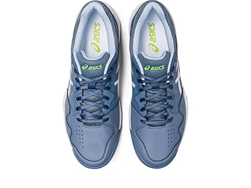 A top view of ASICS Gel Dedicate 7 - Mens tennis shoes in blue with white soles, blue laces, and neon green ASICS branding on the insoles, placed side by side on a white background to highlight their stability.