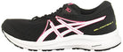 The ASICS GEL-Contend 7 - Womens features a black mesh design, white and pink logo, white midsole, black outsole, and yellow GEL-CONTEND 7 text on the side, delivering reliable cushioning and comfort for running.
